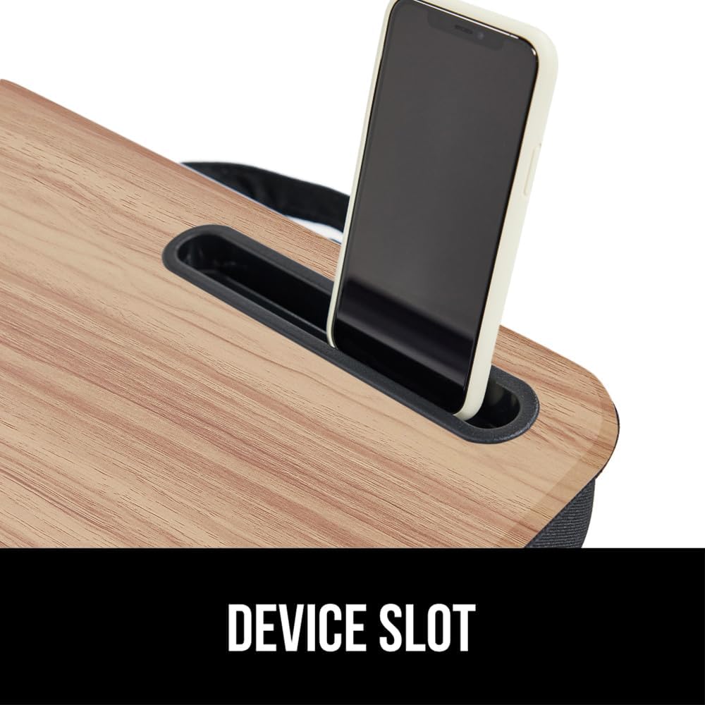 GORILLA GRIP Laptop Lap Desk with Phone Holder, Pillow Cushion Desks Fit Laptops up to 15.6", Gifts for Home, Portable Travel Workstation, Tray Ledge Keep Computers in Place, Light Wood Color