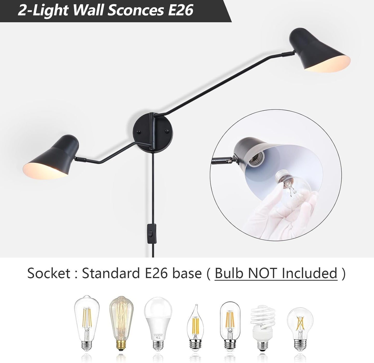 Modern 2-Lights Swing Arm Wall Sconces Black Plug in Wall Light 180° Rotatable Wall Mount Lamp with ON/Off Cord for Bedroom, Living Room, E26 Base