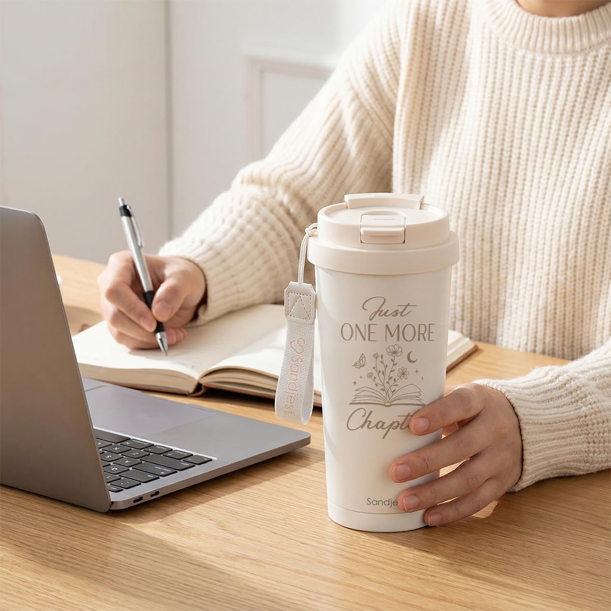 SANDJEST Book Lover Stainless Steel 2-in-1 Lid Coffee Tumbler 18 oz, Just One More Chapter Insulated Travel Mug Gift for Women Girls Friends Bookworm, Gift Idea for Birthday Christmas