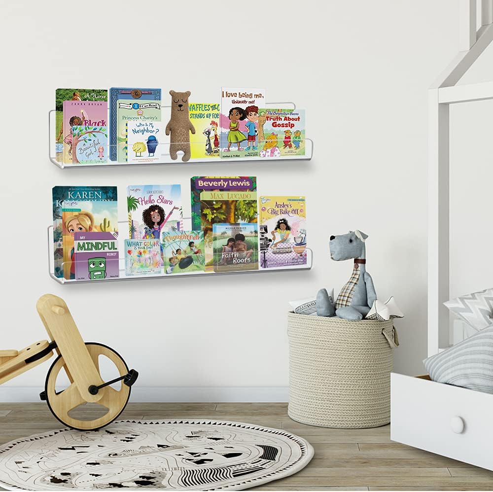 ECOSEAO Floating Shelves Wall Mounted Set of 6, Clear Thinkness Book Shelf Acrylic Album Record Holder Display for Bedroom Living Room Bathroom Kitchen Office Clear(15inch-6Pack)