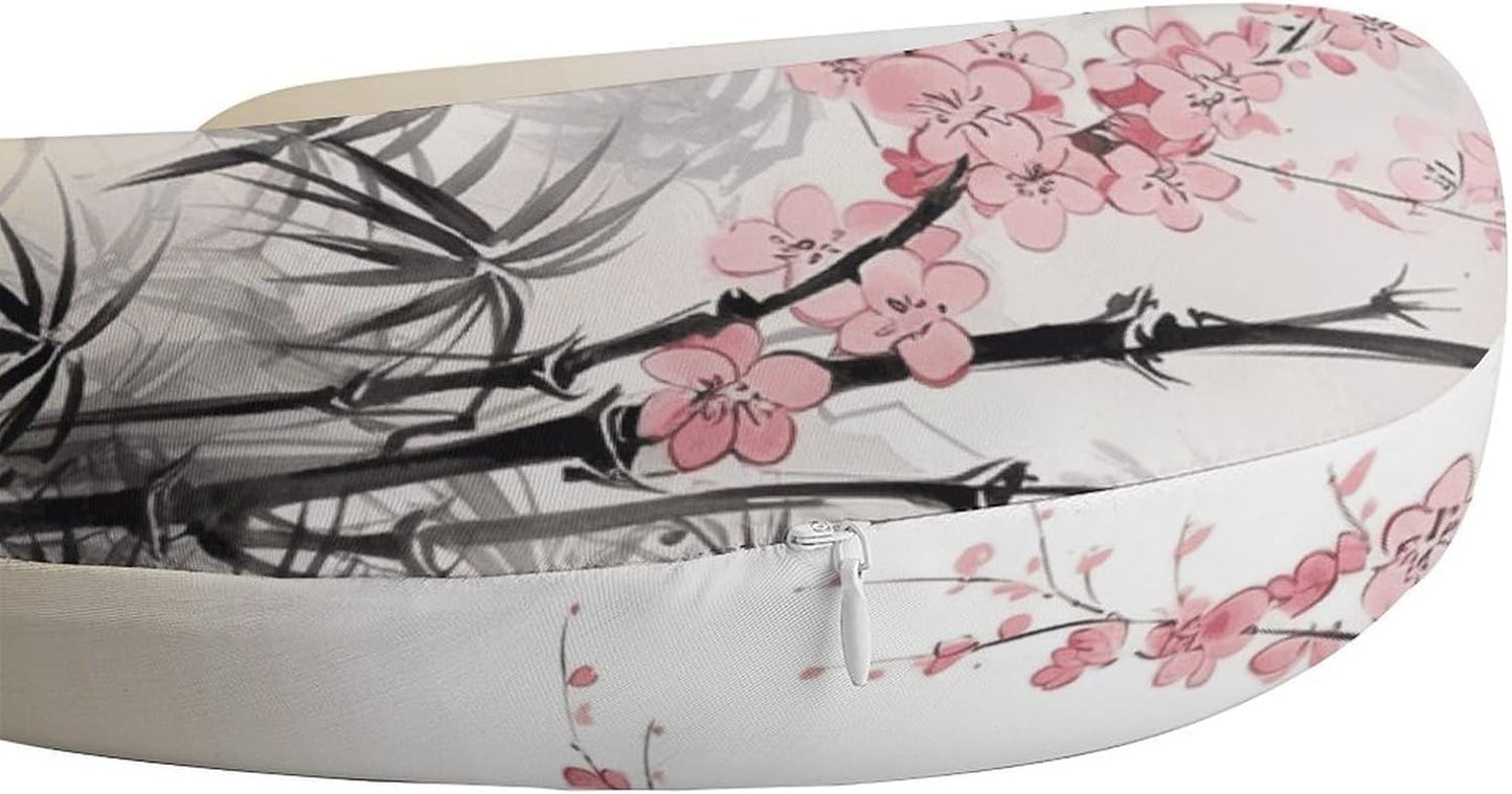 Bamboo and Cherry Blossoms Tree Zen Neck Pillow Memory Foam U Shaped Pillows Portable Pillows for Shoulder Travel Head Support Pillow with Concealed Zipper for Airplane Car Home Office