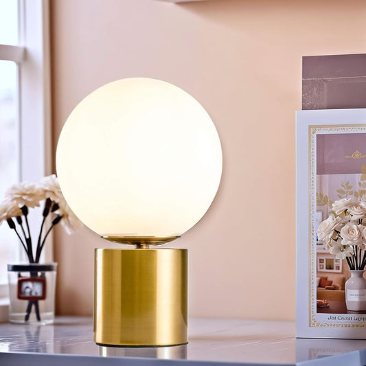 11 Inch Modern Gold Globe Table Lamp,Vintage Mid Century Round Table Lamp with White Glass Shade Metal Base for Bedroom Bedside Lamp Living Room End Table