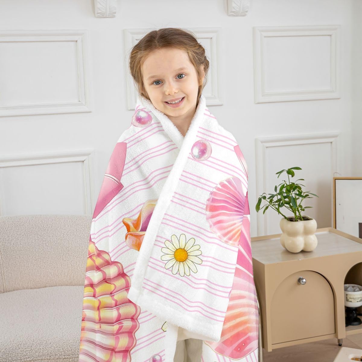 Feelyou Pink Bow Sherpa Throw Blanket for Couch Cute Super Soft Cozy Fleece Starfish Beach Blanket for Winter, Plush Throw Shell Throw 50"x60" Coastal Ocean All Season