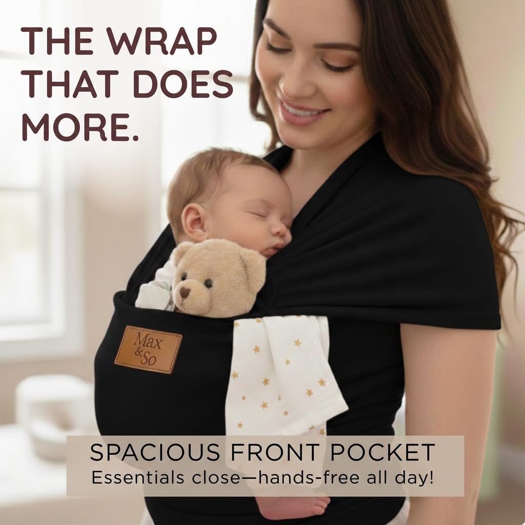 Baby Wrap Carrier - Premium Cotton Baby Carrier Wrap for Newborn to Toddler- Infant Carrier- Baby Holder One Size Fits All with Front Pocket (Black) by Max&so