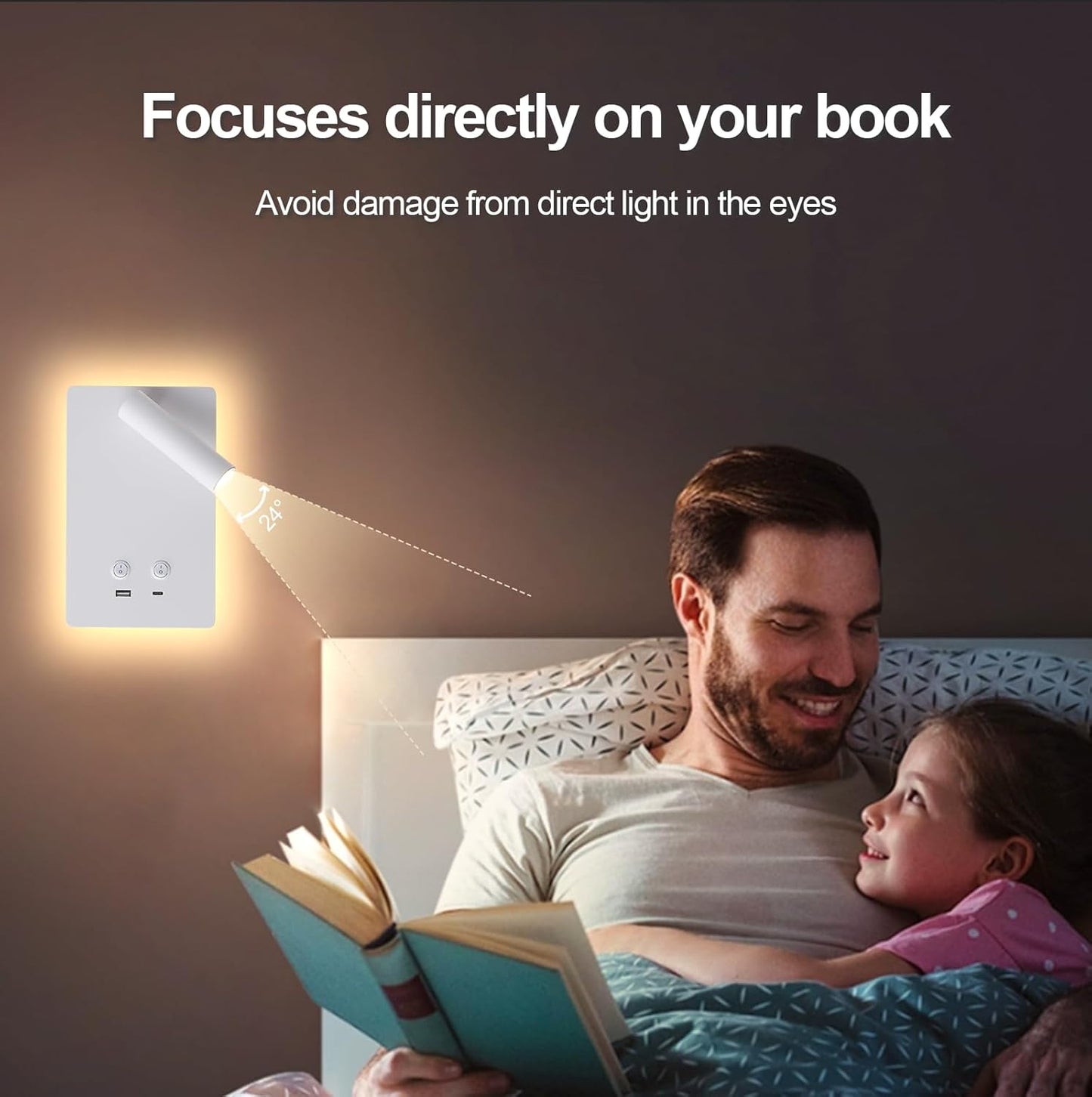 MOLUOLA LED Wall Lamp Wall Mounted Reading Lights, Adjustable Headboard Plug in Wall Sconce with USB C+A Ports, Headboard Bedside Lamp with 9W+3W Night Light 3000K (White)
