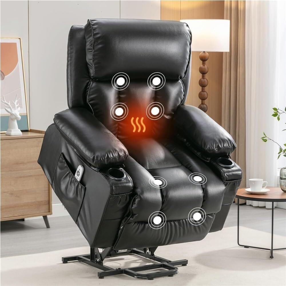 Electric Lift Recliner Chair for Seniors Adjustable Power Lift with Heat & Massage, Leather Upholstery, Dual Cup Holders, Side Storage Pockets, Ergonomic Back & Leg Support Elderly Power Recliner