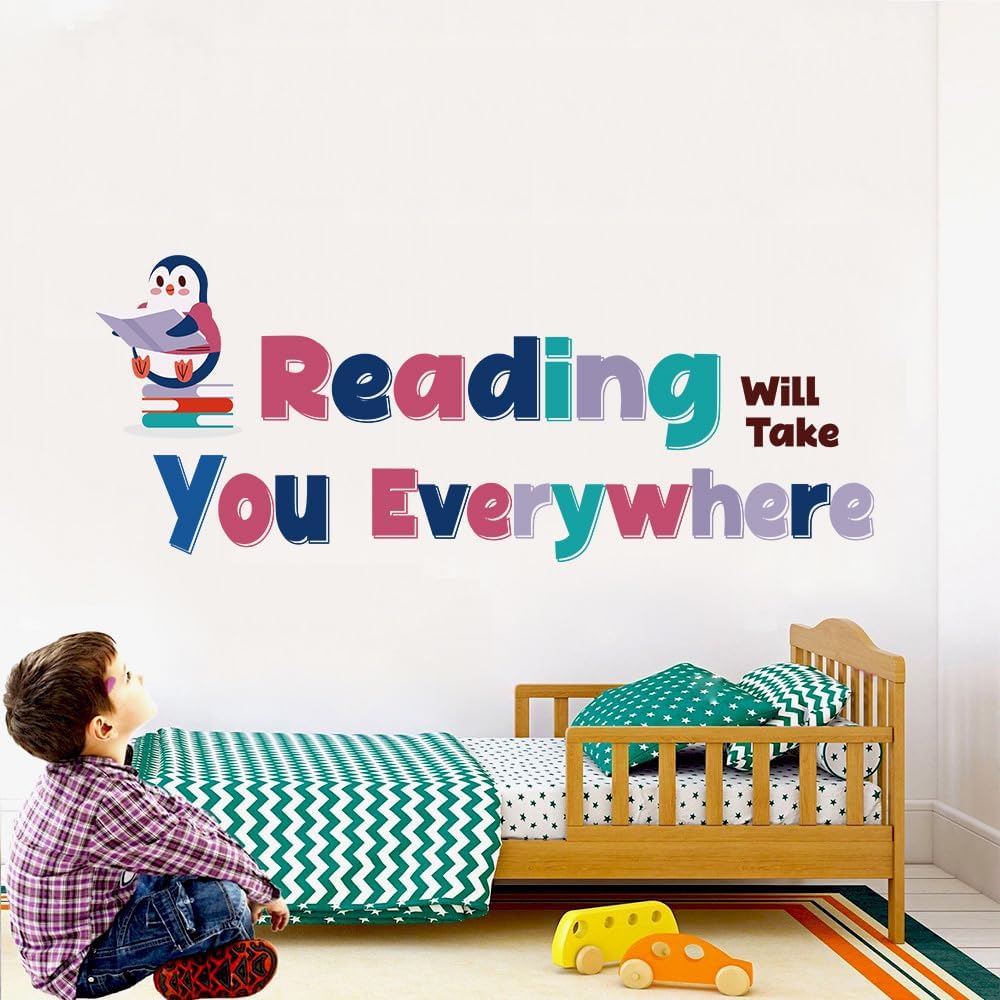 Reading Theme Wall Decal,Will Take You Everywhere Motivational Quotes Wall Stickers, Penguin Decor Inspirational Saying Vinyl Removable Wall Art for Classroom School Kid’s Room Library