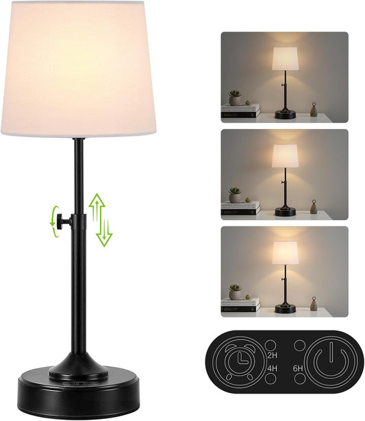 Height Adjustable Cordless Table Lamp Rechargeable with Timer, 3-Way & Stepless Dimmable LED Battery Operated Table Lamp, Wireless Battery Powered Lamp, Black Touch lamps for Nightstand Countertop