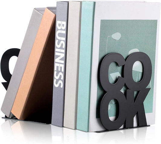 Hotop Cookbook Bookends Kitchen Decorative Metal Supports for Book-Rack Desk Kitchen Book Shelf Holder for Shelves Distinctive Appearance Design Book Ends Metal Supports(Black)
