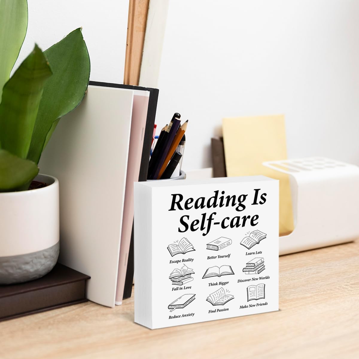 Inspirational Read Box Sign Reading Is Self Care Wood Block Sign Home Reading Nook Room Library Decor, Book Lover Bookish Gifts
