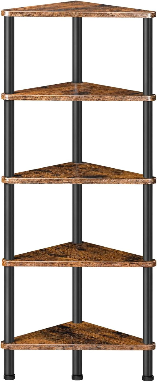 HOOBRO Corner Shelf Stand, Industrial 5-Tier Corner Bookshelf with Metal Frame, Plant Display Shelf, Small Bookcase for Small Spaces, Bedroom, Living Room, Rustic Brown BF33CJ01