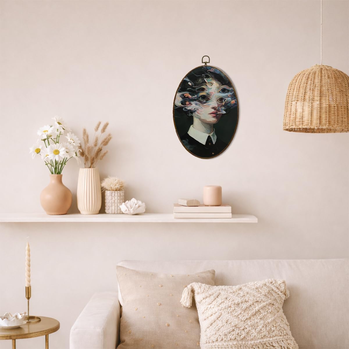 LMMHIOPI Dark Feminine Surreal Portrait Wall Art, Gothic Dark Academia Oval Canvas Wall Decor, Victorian Woman Trippy Painting, Moody Vintage Aesthetic Artwork for Bedroom Living Room, 8.5x11.5 Inch