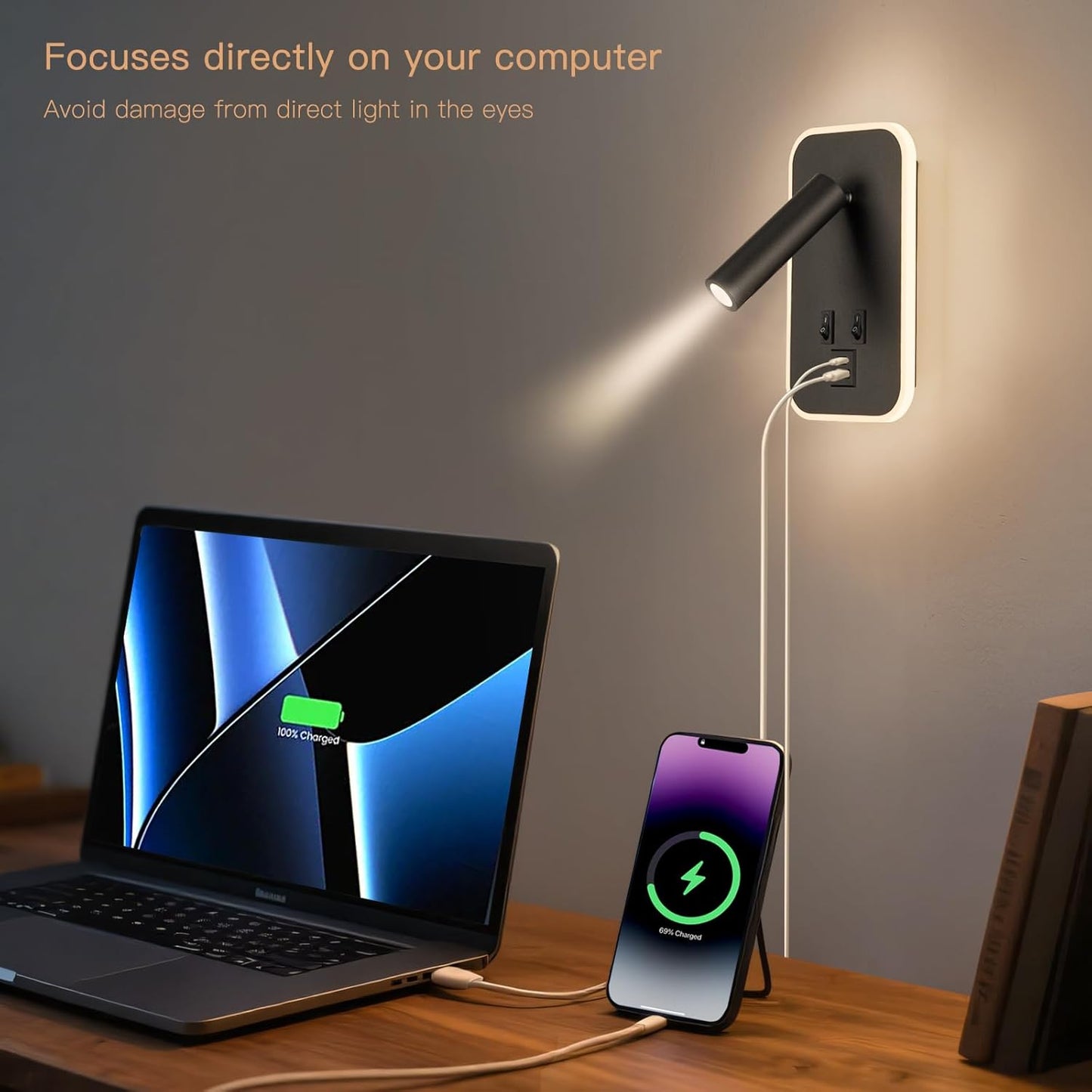 Headboard Reading Light, Bedside Lamp Plug in Hardwired 2 in 1 Wall Sconce Bedside Lamps USB C+A Ports, Adjustable Headboard Lights for Bedroom with 10W+3W Wall Mounted Reading 3000K (Black)