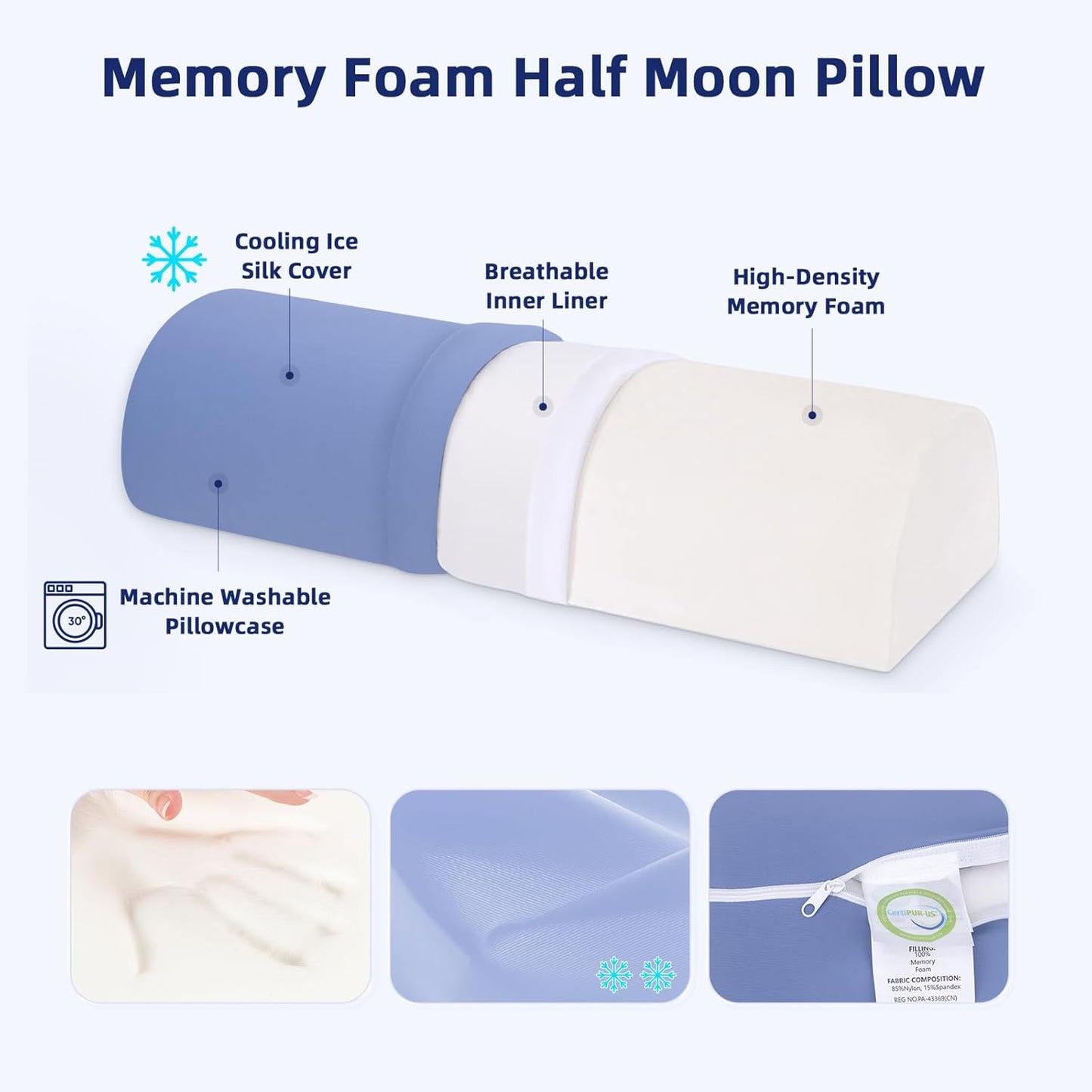 Knee Pillow for Back Sleeping - Half Moon Bolster Pillow for Legs - Cooling Under Knee Pillow for Sleeping on Back, Leg Support, Foot Elevation (Misty Blue)