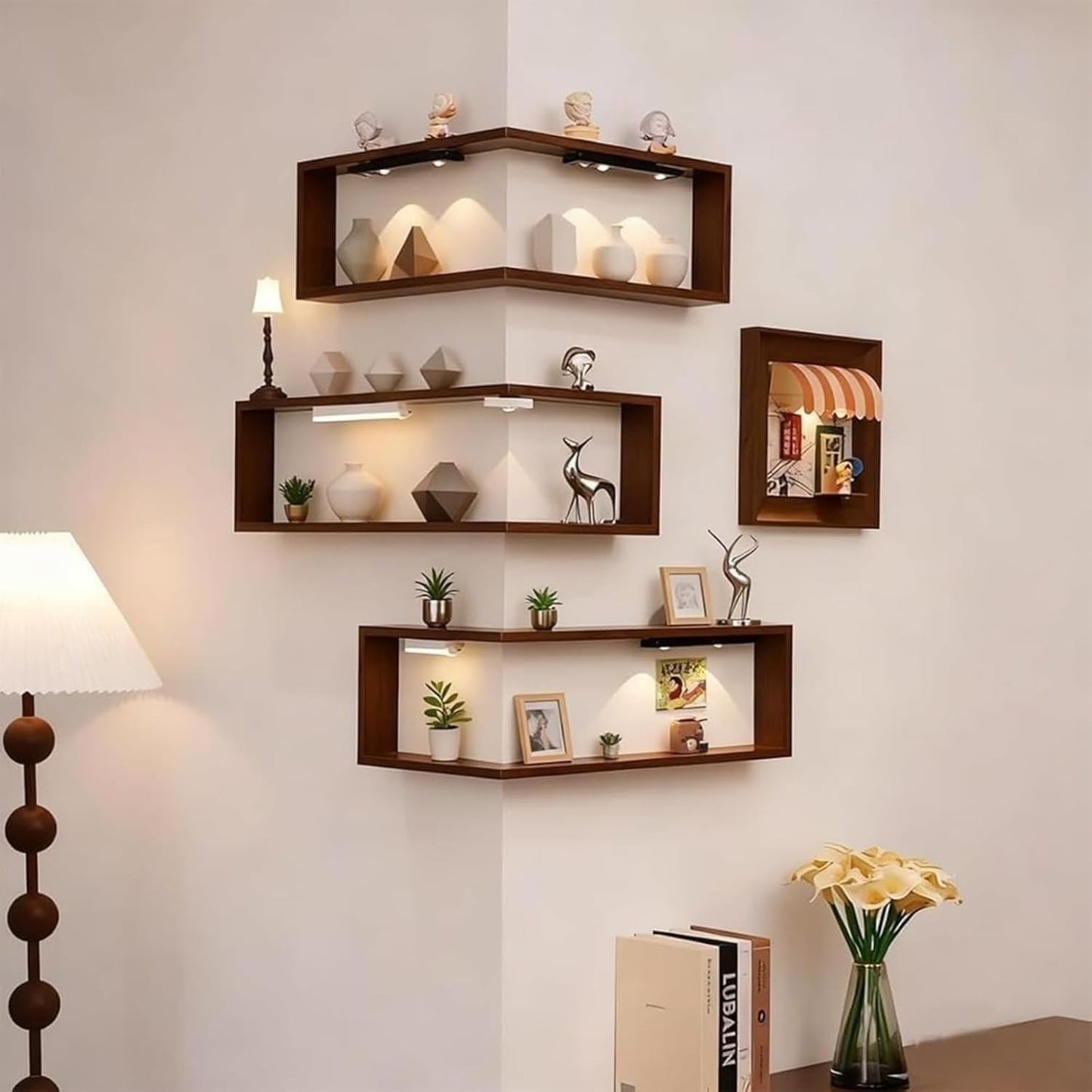 Smart Corner Shelves That Light up Your Space, Set of 3 Corner Floating Storage Shelves,Wooden Wall-Mounted Corner Shelf Display Rack, Space-Saving (Set of 3(LED Light not Included))