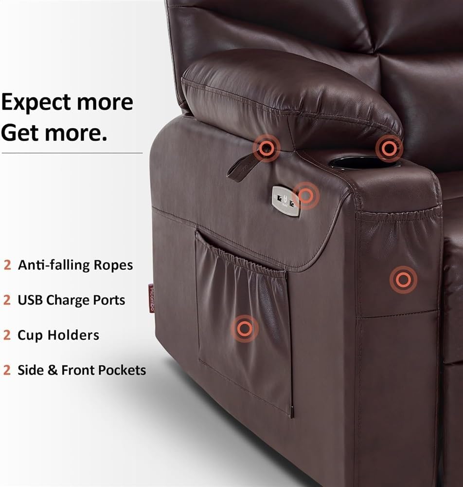 Leather Home Theater Power Lift Recliner Chair for Elderly, Ergonomic Electric Reclining Sofa with Massage and Heat, Heavy Duty Stand Up Chair with USB Ports & Side Pockets