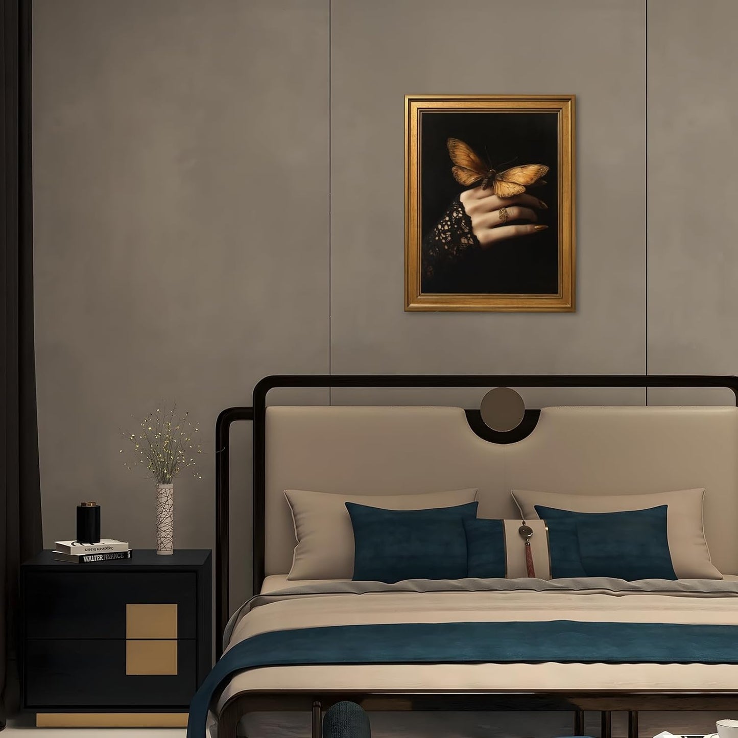 Large Framed Victorian Dark Romantic Canvas Wall Art Butterfly in Lace Hand Surreal Gothic Painting Poster Vintage Moody Elegant Darkness Lady Artwork Print for Bedroom Home Decor 24x36inch