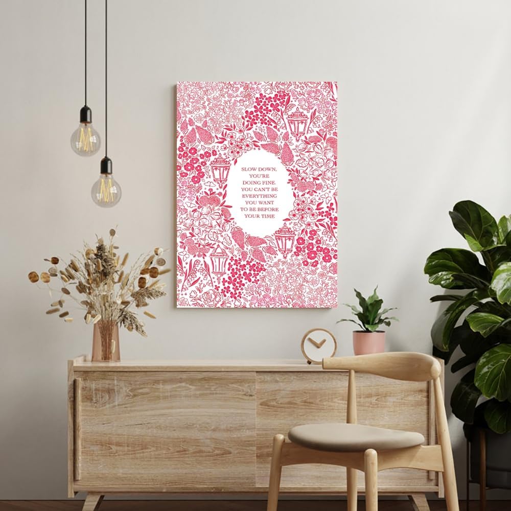 Balsuka Slow Down You're Doing Fine Music Posters Motivational Quote Pink Wall Art Vintage Floral Positive Daily Reminder Song Lyrics Canvas Print Aesthetic Office Home Decor 12x16inch Unframed