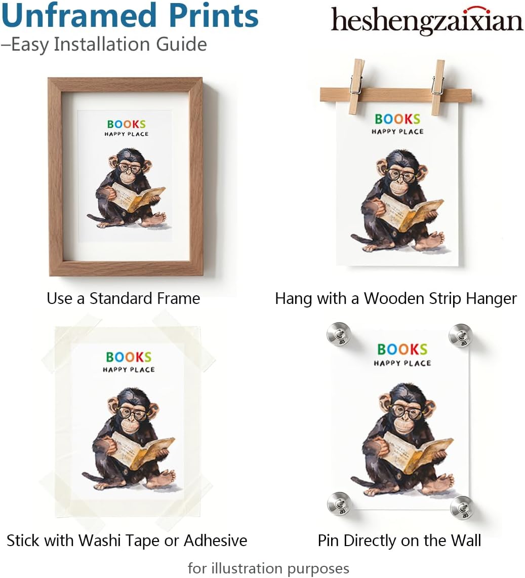 Cute Animal Reading Prints for Kids's Bedroom, Cool Kids Read Books Wall Art Poster | Motivational Quotes Painting Picture Artwork | Preschool Classroom & Library Home Decor 8x10in Unframed Set of 4