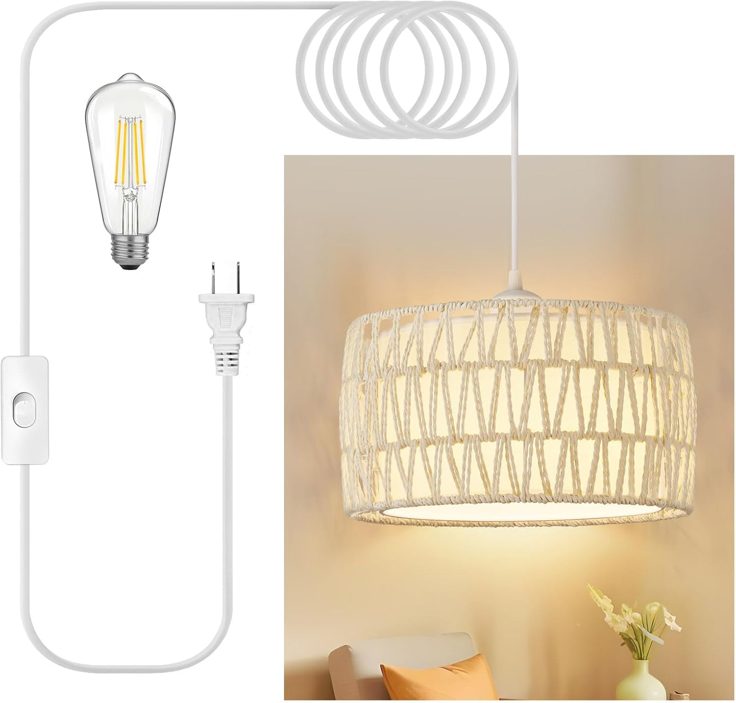 Plug in Pendant Light, Rattan Hanging Lights with Plug in Cord, Woven & Fabric 2 in 1 LampShade, Hanging Lamp Plug in for Bedroom Living Room Kitchen Island-Cream (Bulb Included)