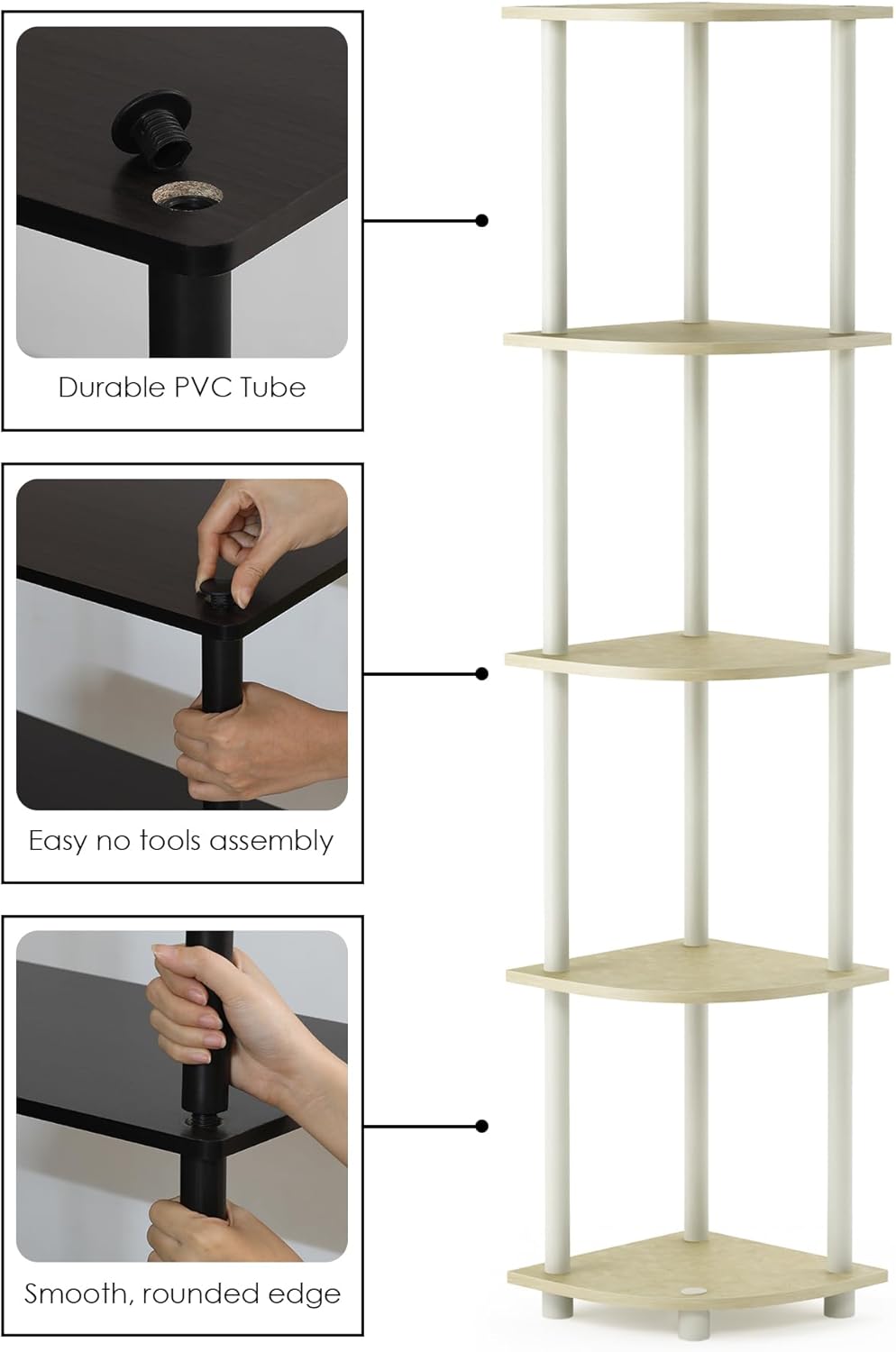 Furinno Turn-N-Tube 5 Tier Corner Display Rack Multipurpose Shelving Unit, 1-Pack, Cream Faux Marble/White