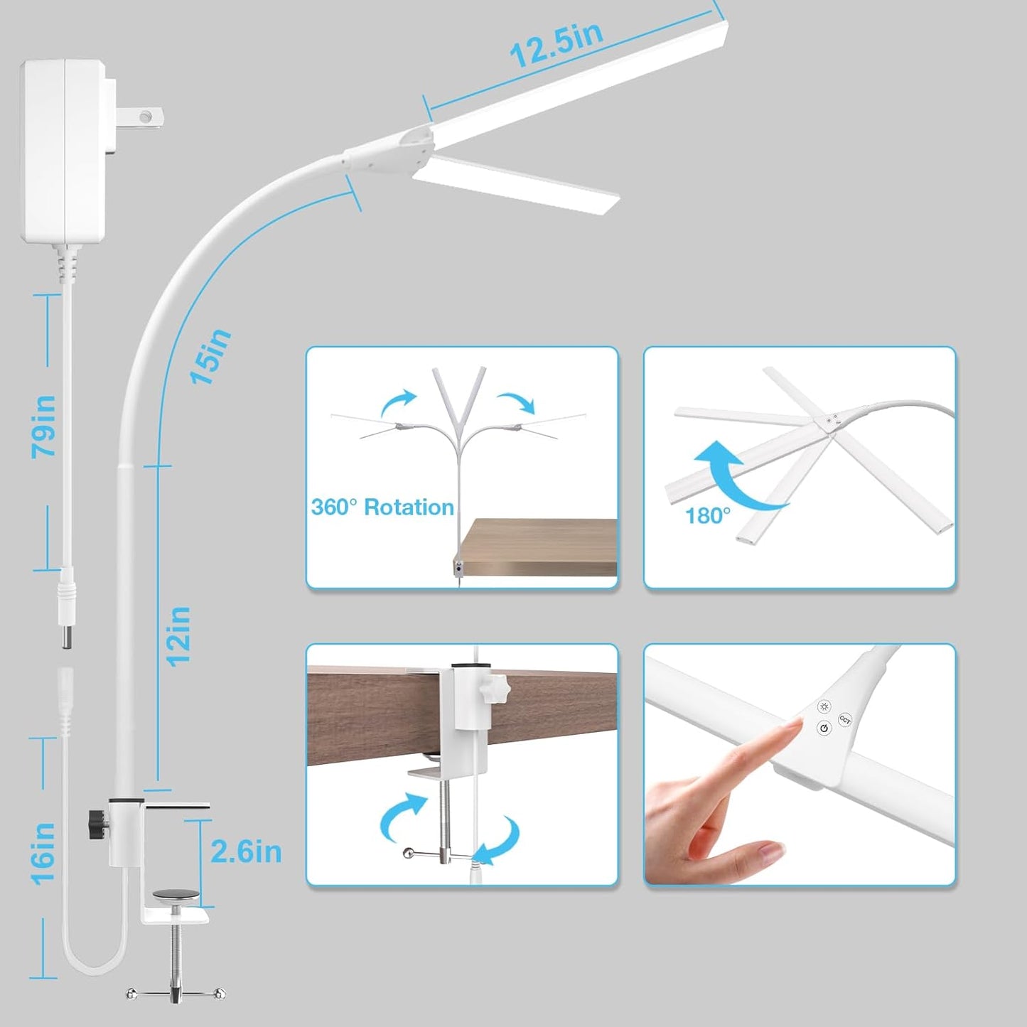 LED Desk Lamp with Clamp, Double Head Desk Light for Home Office, Dimmable Desktop Light, 12W 1400lm Eye-Caring Architect Table Lamp for Workbench Monitor Computer Reading Study, White