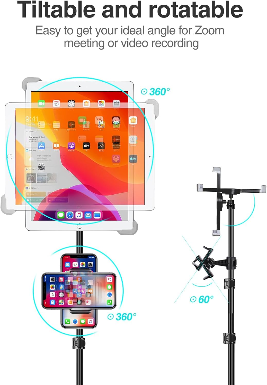 elitehood iPad Tripod Stand, Aluminum Alloy iPad Stand, 360 Rotation Adjustable Height iPad Stand Holder for Floor, Universal Compatible with All 7.9-11 Inch Tablet