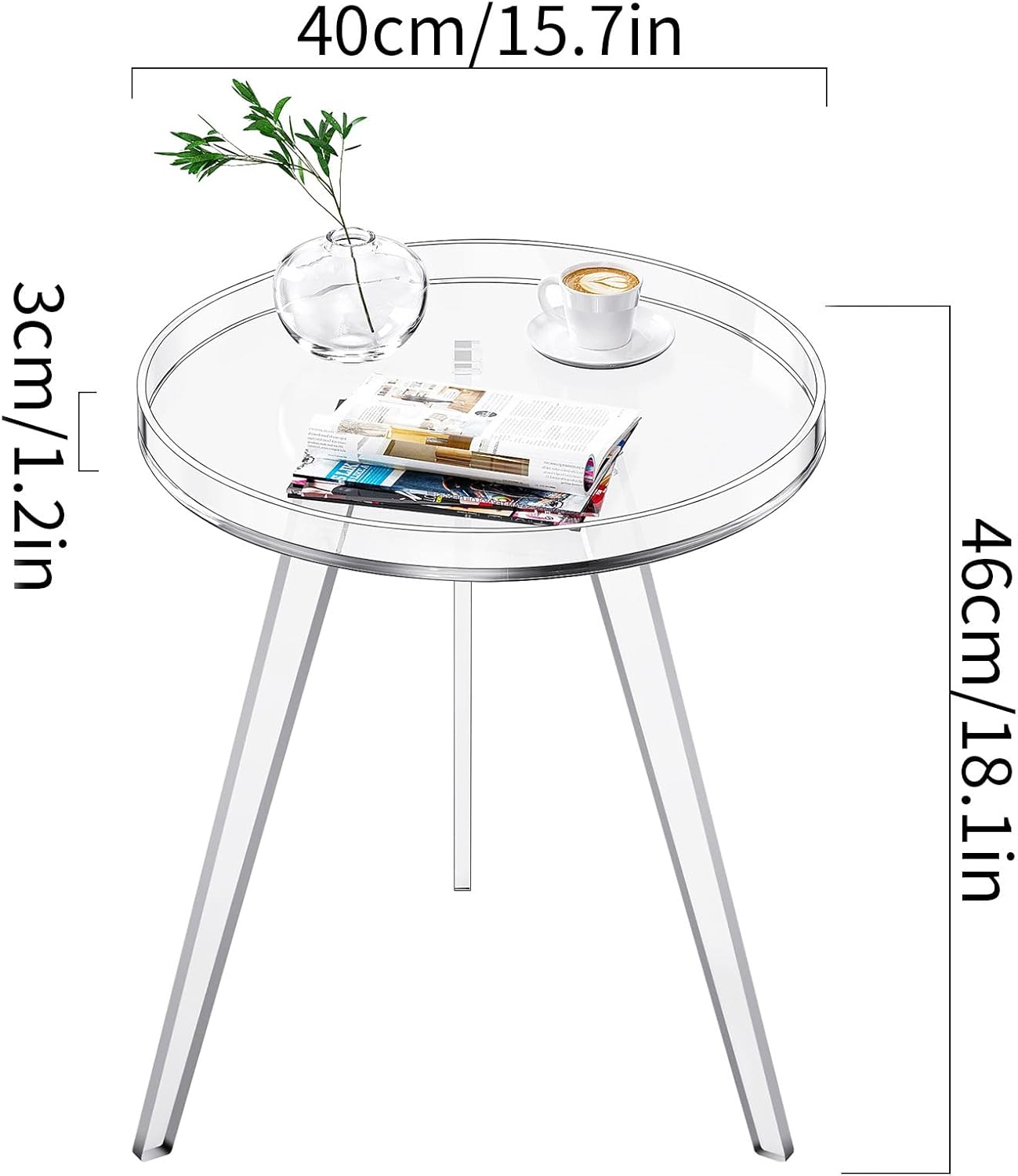 Clear Acrylic Side Table, Round End Table Nightstand Bedside Table Small Circle with Tray for Living Room Bedroom Office Small Space (Clear)