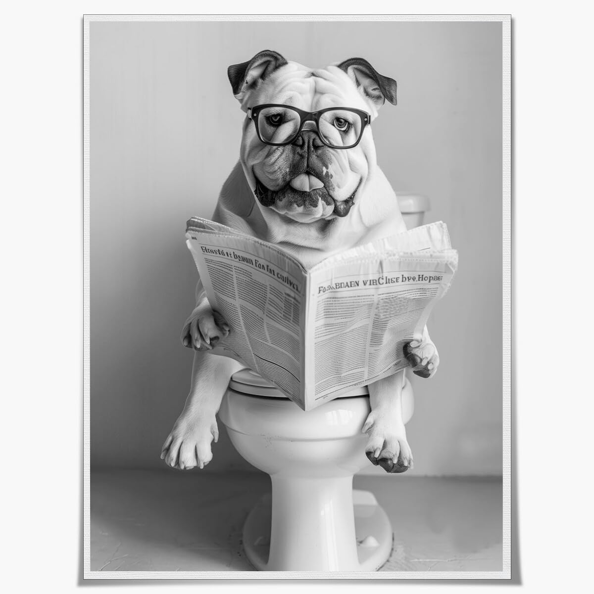Funny Dog wall art Pitbull Sitting On Toilet Reading Newspaper Black and White Canvas Print Retro Bathroom Aesthetic Posters Pet Decor Bathroom Art Wall decor Unframed12x16inch