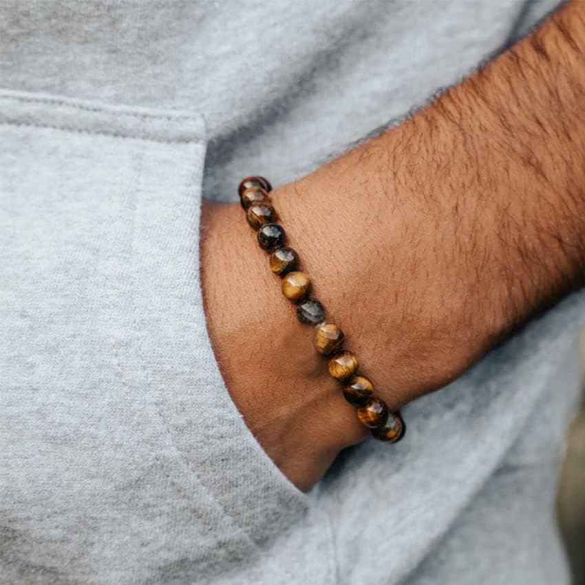 RANKEEF Tiger Eye Bracelet For Men 8MM Natural Stone Stretch Adjustable Black Crystal Beaded Bracelet for Men Women Gifts