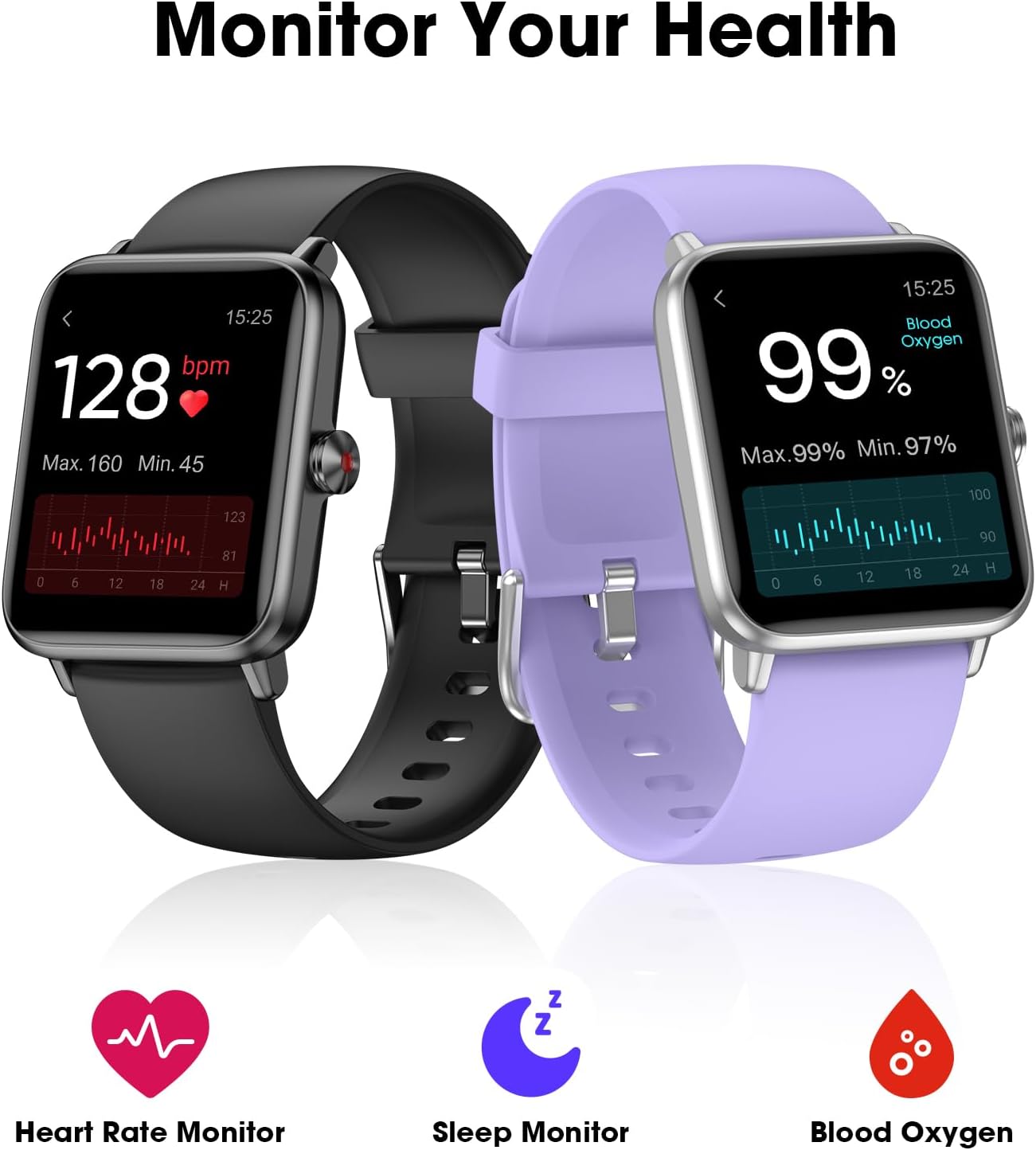 Smart Watch, Fitness Tracker with Heart Rate Monitor, Blood Oxygen, Sleep Tracking, 1.5 Inch Touchscreen Smartwatch for Android iOS Swimming Waterproof Pedometer Step Calories Tracker for Women Men