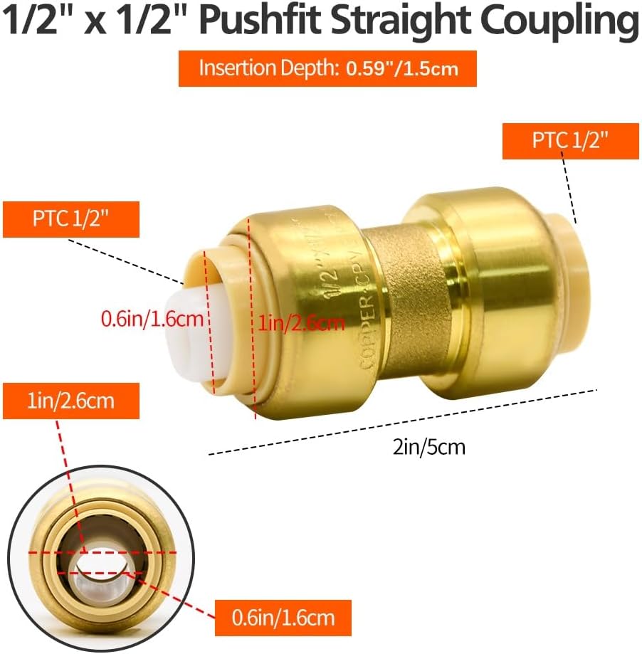 2 Pack Push-to-Connect Plumbing Fittings, 1/2" Pushfit Straight Fittings with Disconnect Clip for Copper, PEX, CPVC Pipe