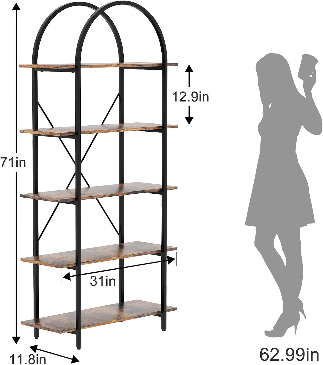 Arched Bookshelf 5 Tier Book Shelf, 31.5 Inch Width Industrial Arch Bookcase, Curved Tall Bookshelf with Open Shelves for Home Office, Living Room, Bedroom, Rustic Brown
