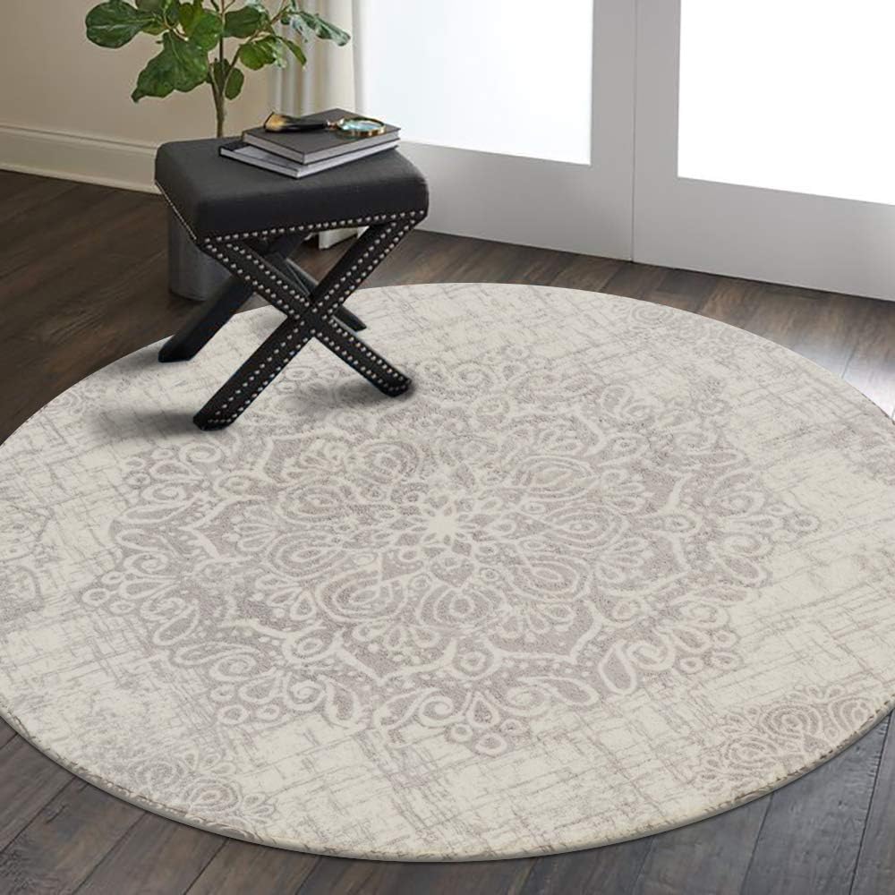 Lahome Medallion Round Rug 4ft, Washable Round Area Rug for Entryway, Non Slip Circle Bathroom Rug Ultra-Thin Door Mat, Gray Accent Throw Small Round Rugs for Office Bedroom Laundry Room