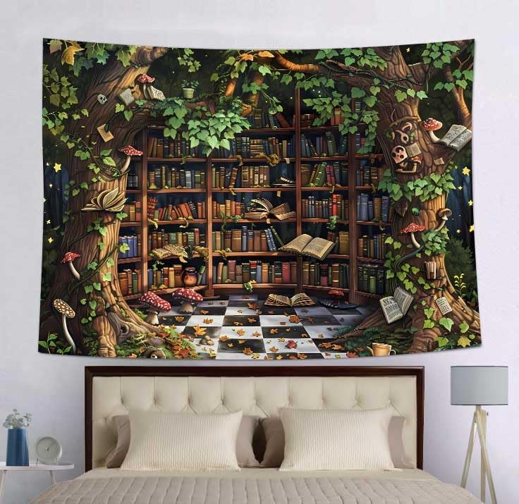 SHRAPHY Vintage Bookshelf Tapestry Dreamy Fairy Tale Wonderland Plants Forest Trees Tapestry Wall Hanging Vintage Medieval Library Books Tapestries for Bedroom 60x40 inches GTSXYUH006