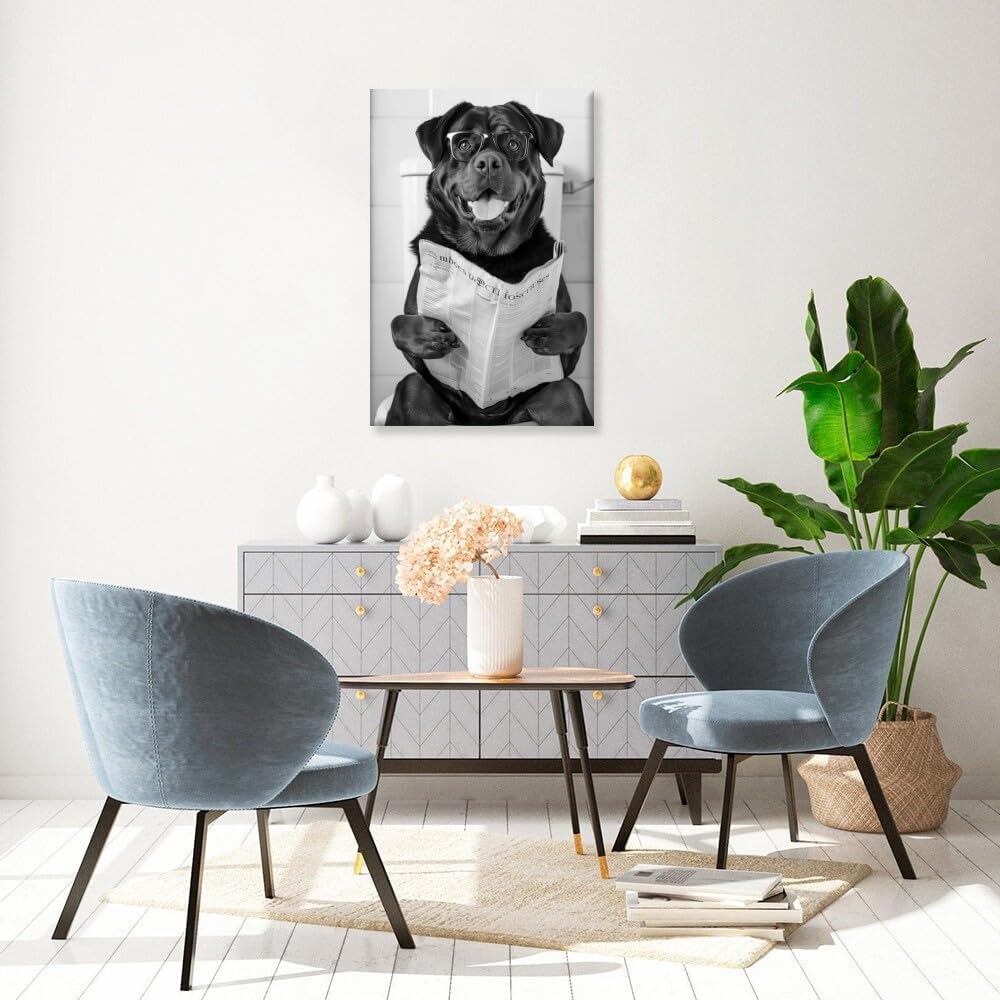 Bathroom Wall Decor Dog Reading Newspaper Black and White Print Pet Art Funny Dog Poster Canvas Wall Prints Poster Modern Home Aesthetic Decor Wall Art for Bedroom Dorm Framed20x30inch