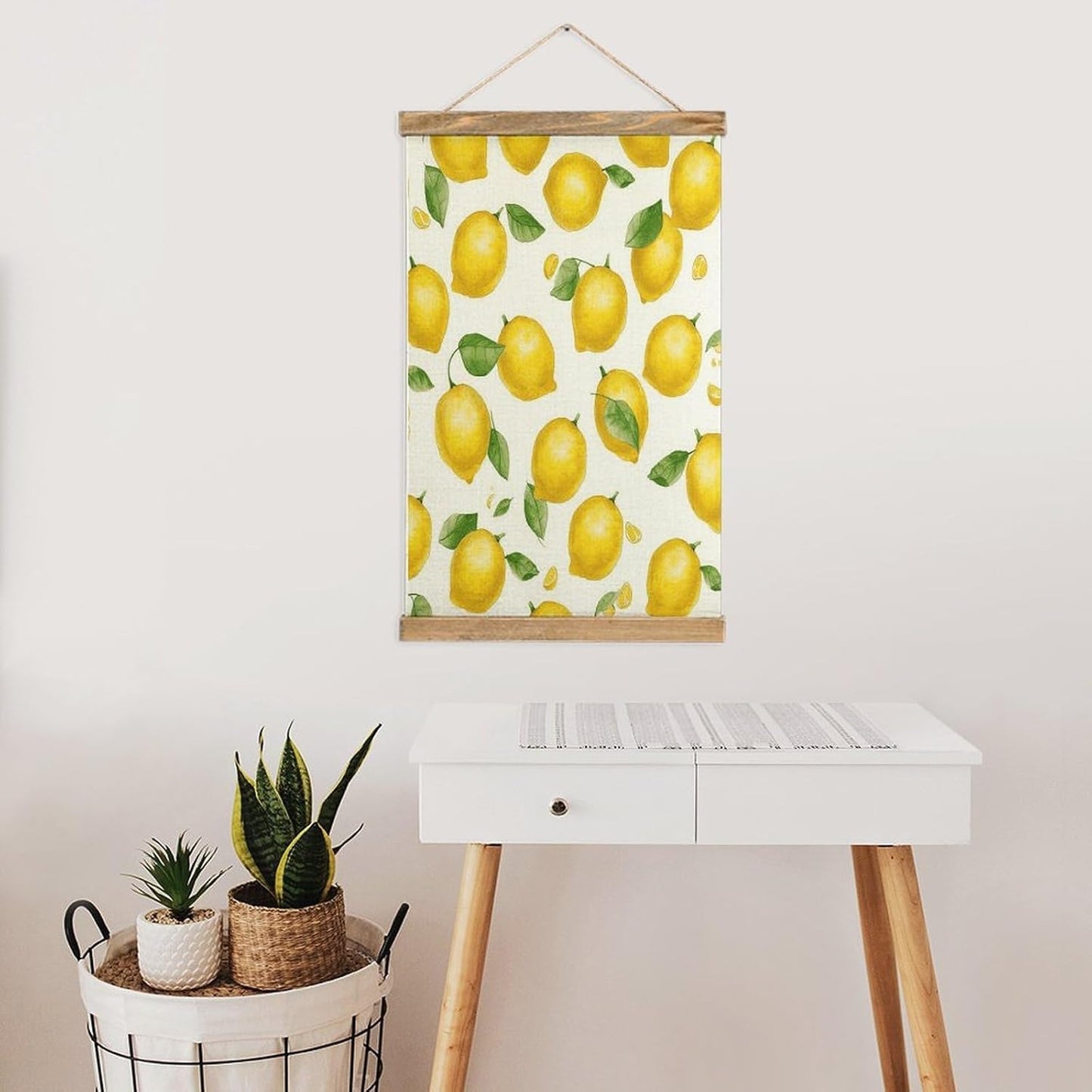 Vintage Yellow Lemon Poster with Wooden Frame Personalized Linen Hanging Scroll Painting Rustic Wall Hanging Illustrative Modern Artwork Decor for Home Living Room Bedroom Office