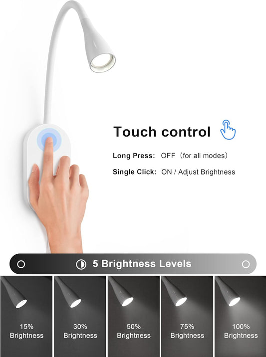 deeloop LED Wall Mount Reading Light for Bed, Reading Lamp with USB Output 5 Brightness Levels Touch Control Book Lights, 4000K Bedside Lamp Flexible Head Rotation, 2 Easy Install Options