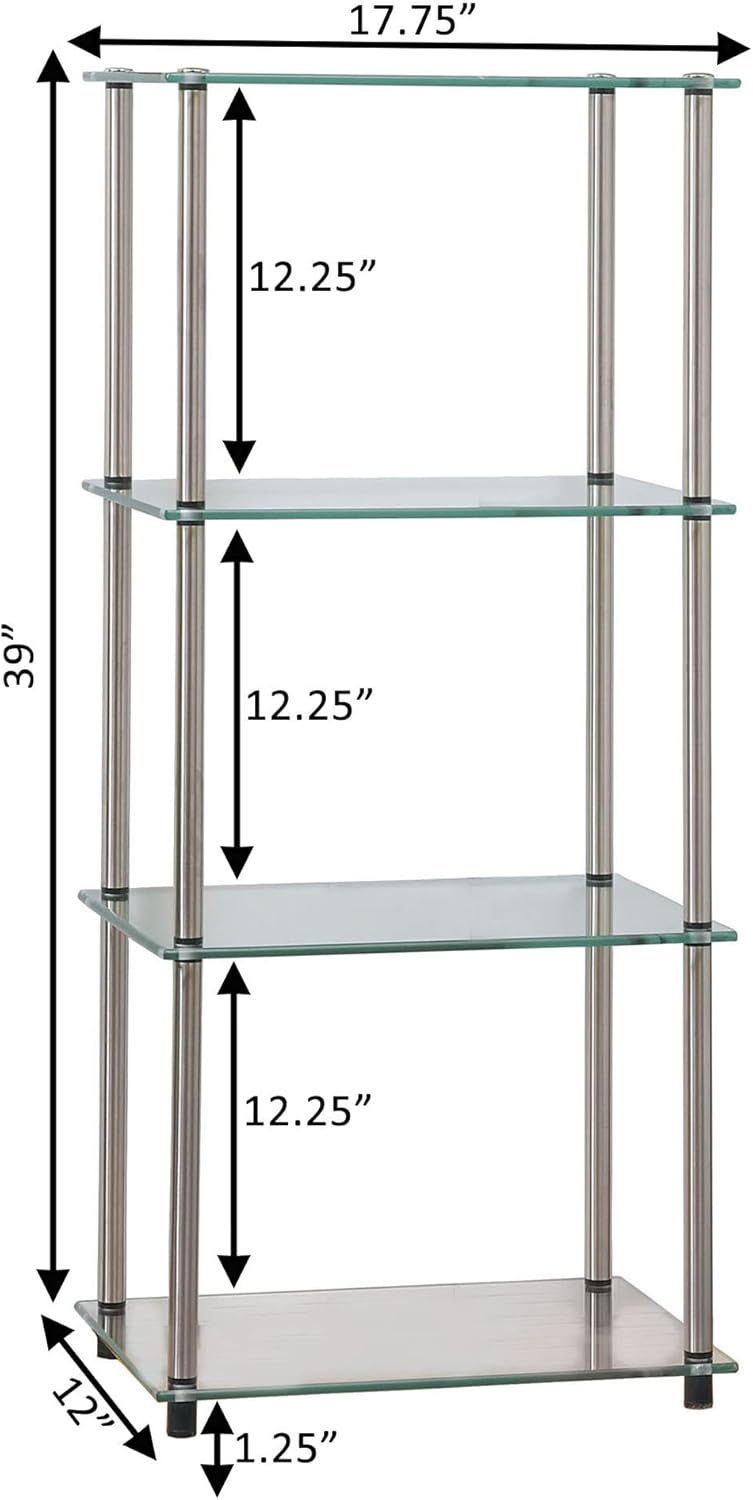 Convenience Concepts Designs2Go 클래식 유리 4단 타워 45.1cm(17.75인치) - 거실용 모던 미디어 스테인리스 스틸 책장, 가족방, 욕실, 사무실, 유리/크롬 디스플레이 보관 선반