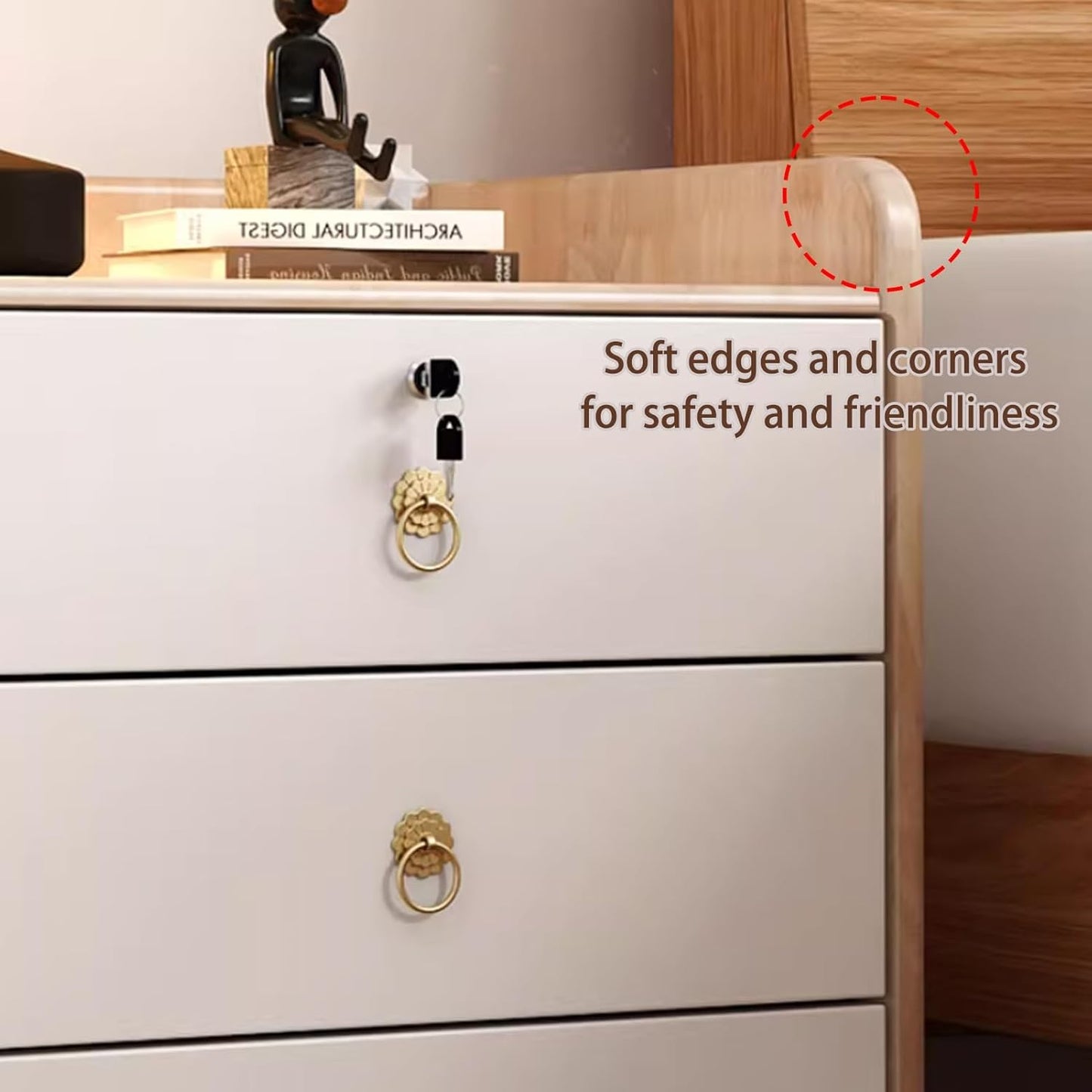 Wooden Nightstand, Bedside Table with 3 Drawers Lockable Mobile Bedside Desk Rounded Corner Design, File Cabine, for Bedroom Office Living Room(A,13.8in/35cm)