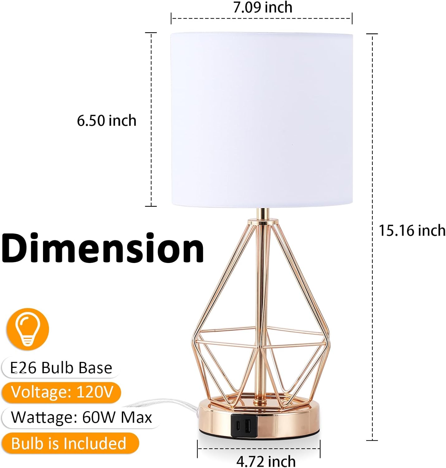 Gold Bedroom Lamps Set of 2, 3 Way Dimmable Touch Table Lamp with USB A+ C Port, Modern Small Lamp for Nightstand with Fabric Shade, Brass Bedside Lamp for Bedroom Living Room, 2 LED Bulbs Included