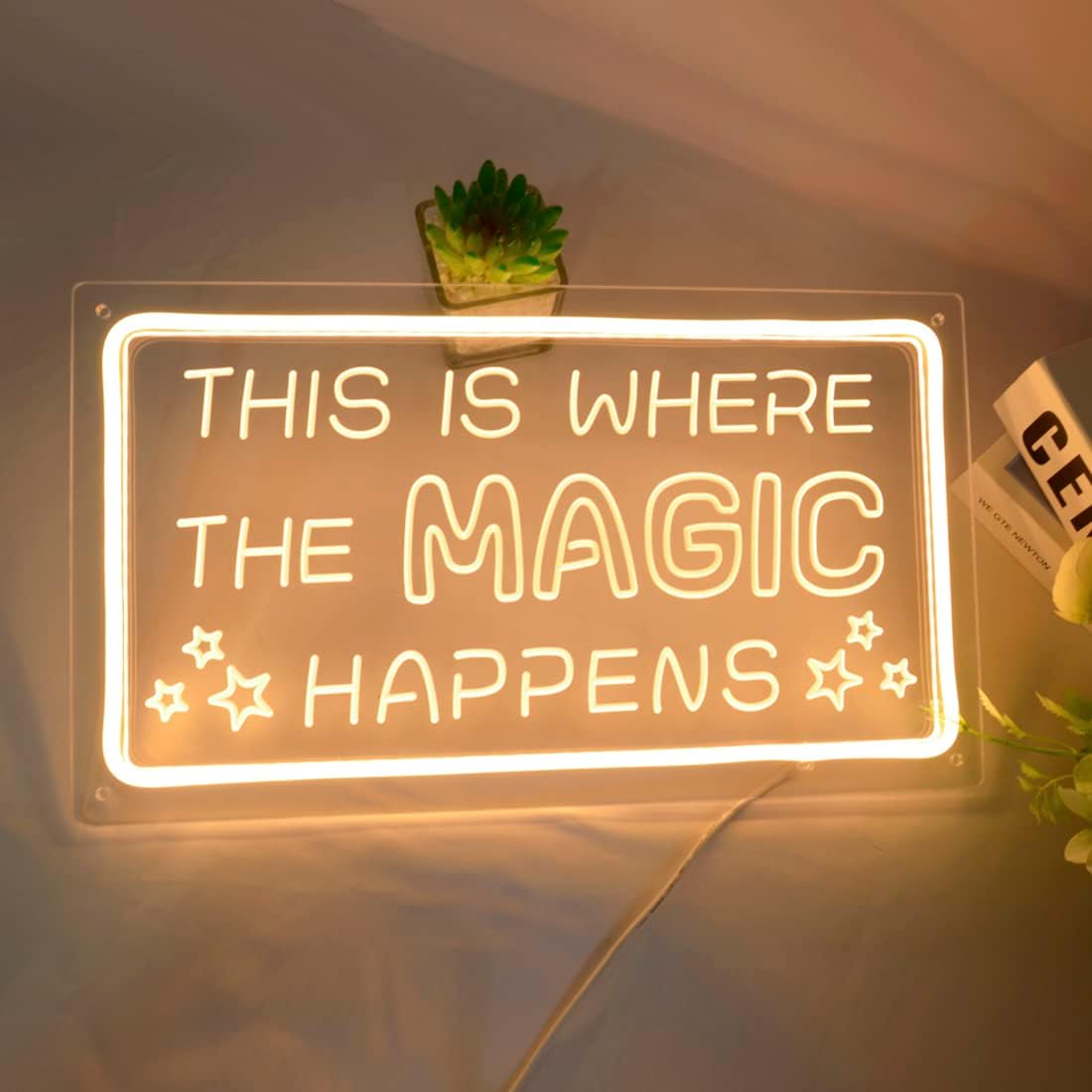 Britrio This Is Where The Magic Happens Neon Sign Light Bedroom Dorm Office Wall Decor Light Up Word Neon Sign Home Bar Club Cafe Shop Salon Man Cave Window Wedding Birthday Party Gift 5V USB Warm White