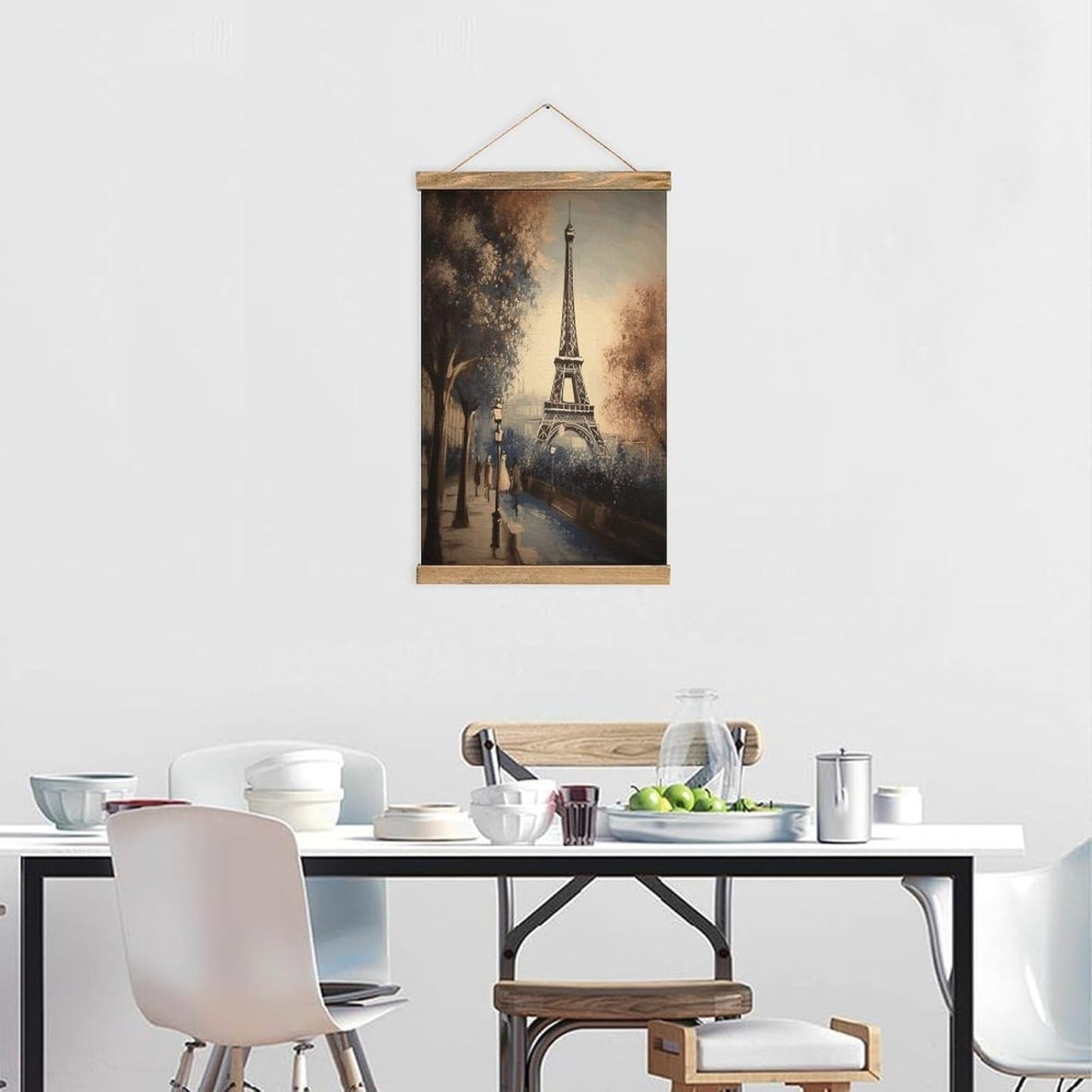 Vintage Romantic Paris Eiffel Tower Poster with Wooden Frame Personalized Linen Hanging Scroll Painting Rustic Wall Hanging Illustrative Modern Artwork Decor for Home Living Room Bedroom Office