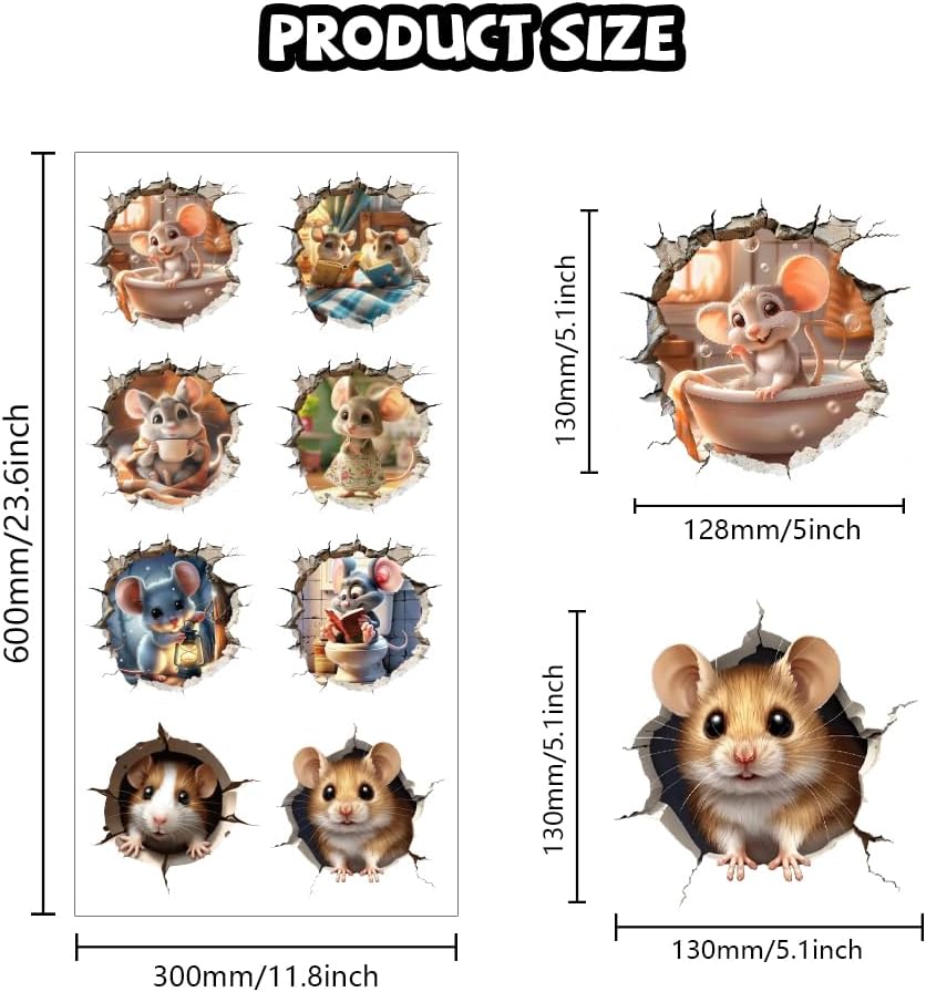 Peacoblue Mouse Hole Wall Stickers Decals Decor Removable Peel and Stick, 1 Sheet 11.8" x 23.6" Vinyl 3D Wall Murals for Bedroom Living Sewing Room Classroom Playroom Bathroom Home