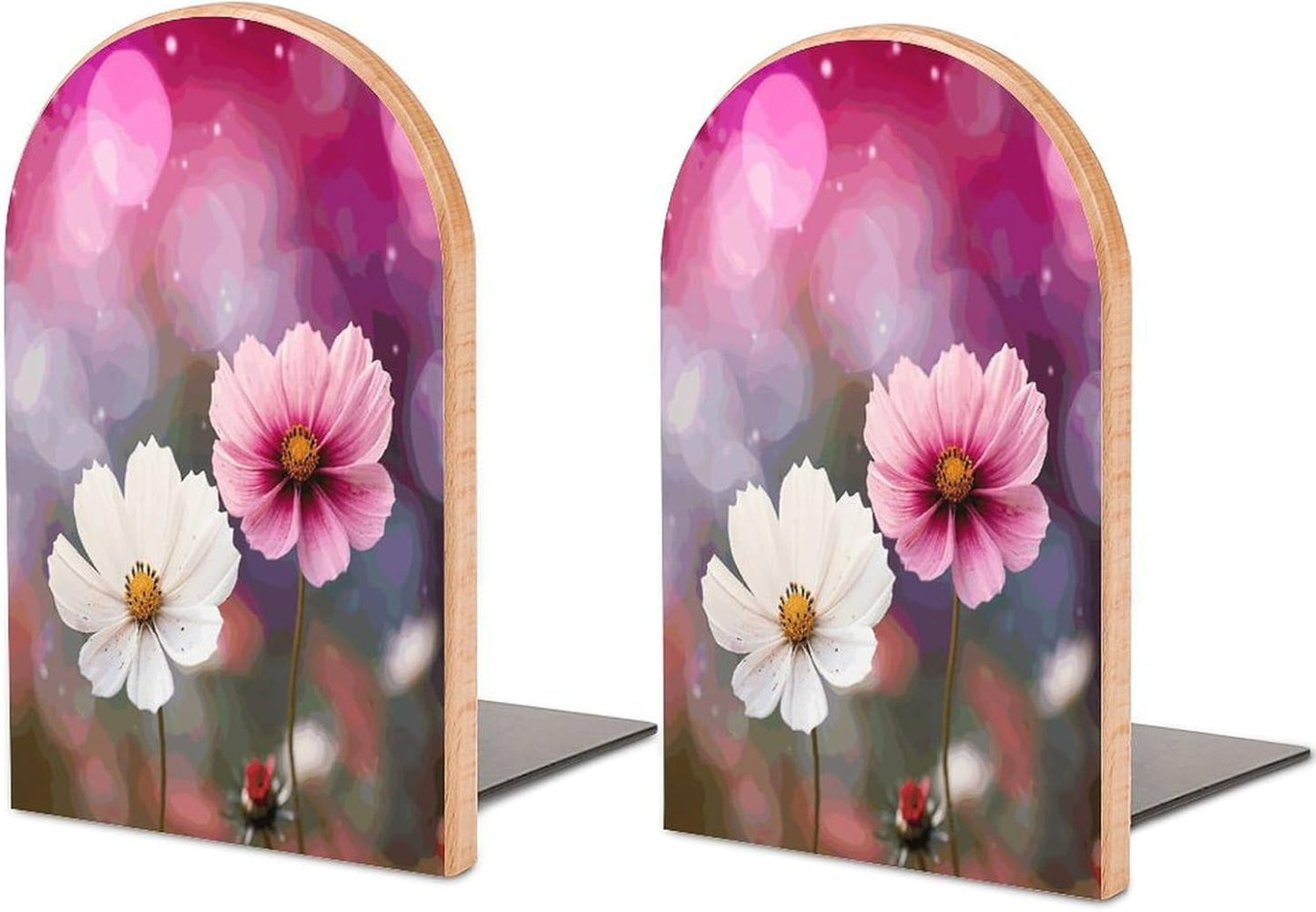 Two Peach Flowers Bookends 1 Pair Heavy Duty Book Ends for Shelves Non-Skid Bookend Supports Wooden Book Holders with Metal Base Desk Organizers Books Storage to Hold Books