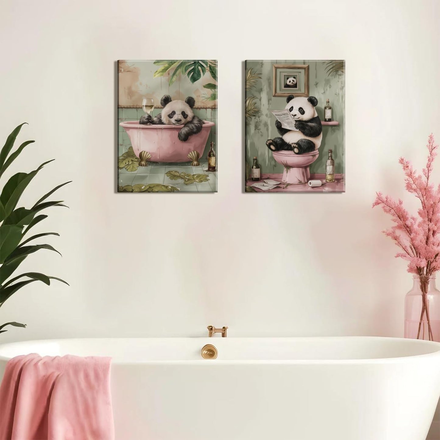 Funny Bathroom Wall Art Set of 2, Panda on Toilet and in Bathtub Wall Decor Paintings, Cute Animal Canvas Prints Pictures Aesthetics Home Decor for Bathroom Restroom 16x24 Inch Framed