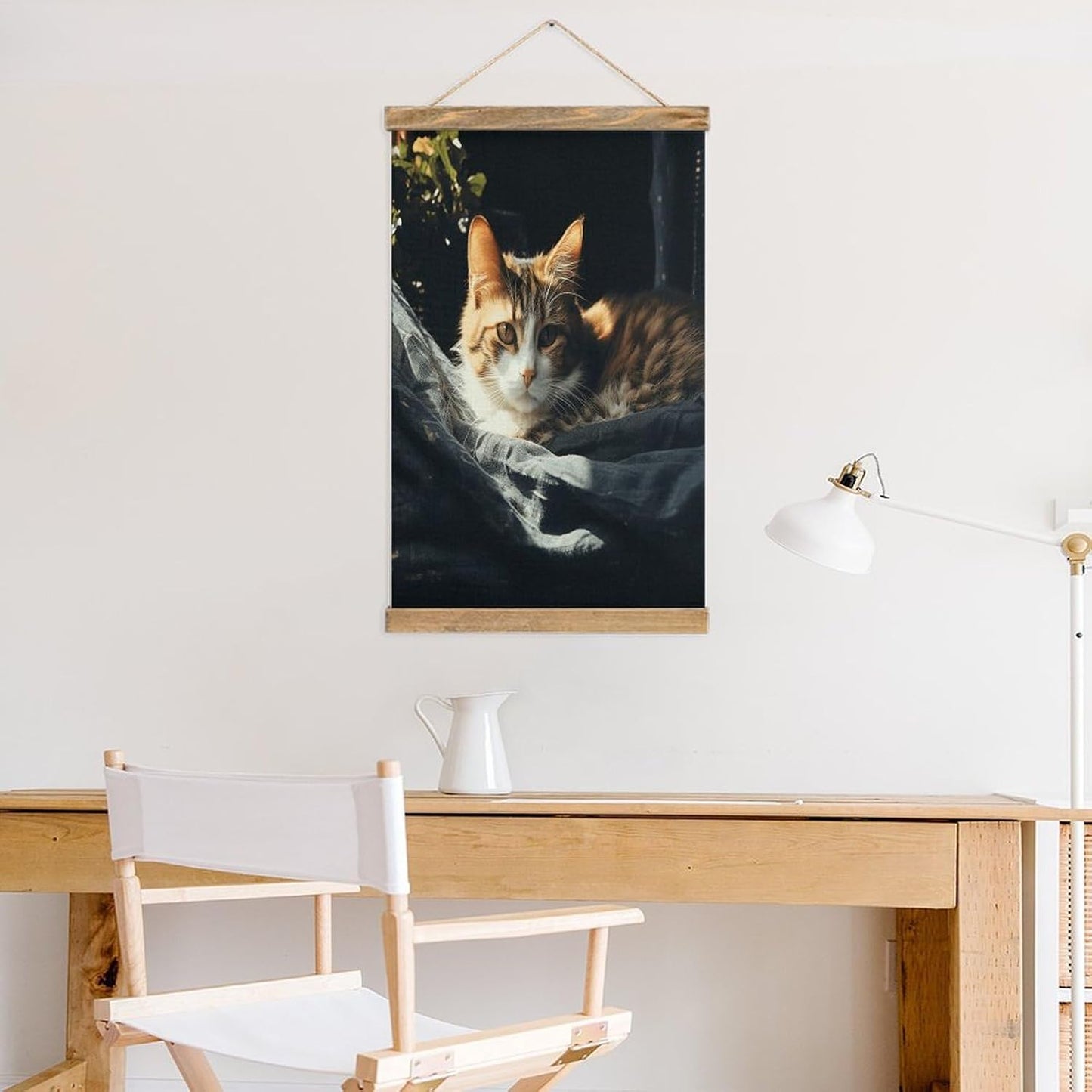 Vintage Resting Cat Poster with Wooden Frame Personalized Linen Hanging Scroll Painting Rustic Wall Hanging Illustrative Modern Artwork Decor for Home Living Room Bedroom Office