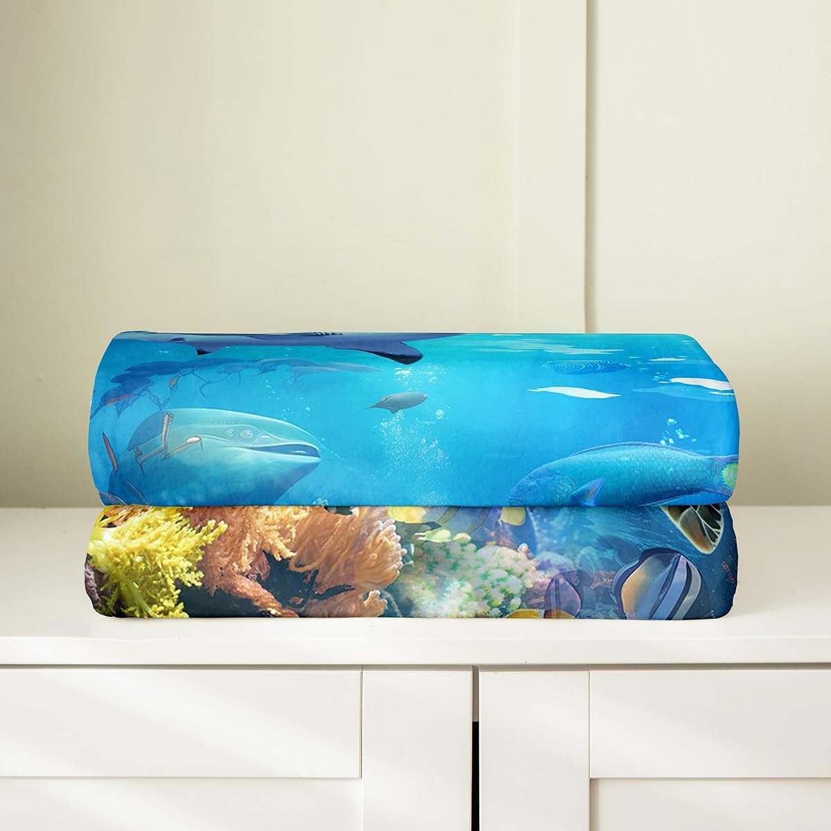Erosebridal Sea Turtle & Shark All Season Fleece Blanket - Queen Size, Ocean Animals Fishes Fuzzy Blanket for Sofa, Bed, Couch Decor