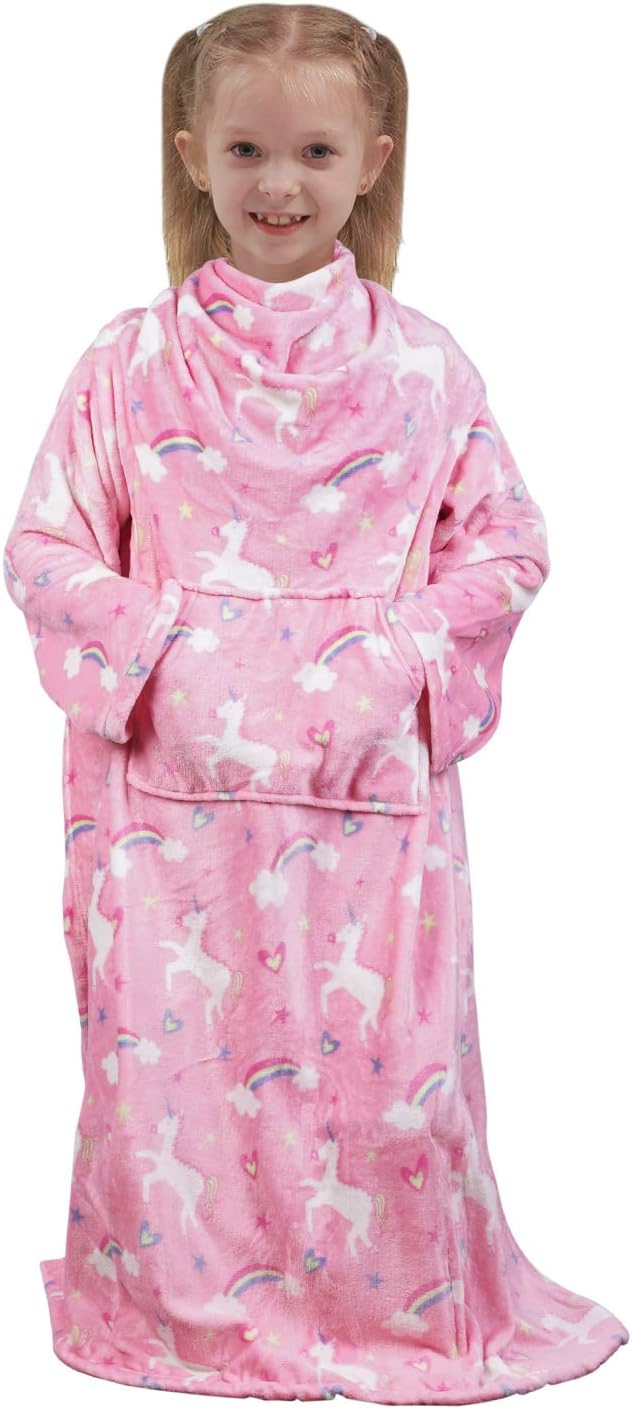 Softan Wearable Fleece Blanket with Sleeves & Foot Pocket for Kids Boys Girls Children,Lightweight Soft Blanket with Sleeves and Hook & Loop 48" x 48" Pink Unicorn