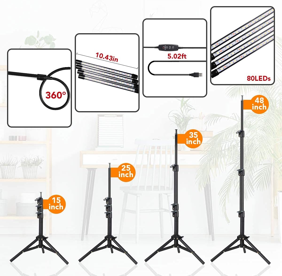 GHodec Grow Light with Stand, 5500K Full Spectrum Gooseneck Floor Plant Light for Indoor Plants Growing,5 Dimmable Levels & Auto On/Off Timer,Tripod Stand Plant Lamp Height Adjustable